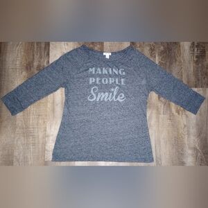 Old Navy Blue Long Sleeve Tee with Positive Message "Making People Smile",Size L
